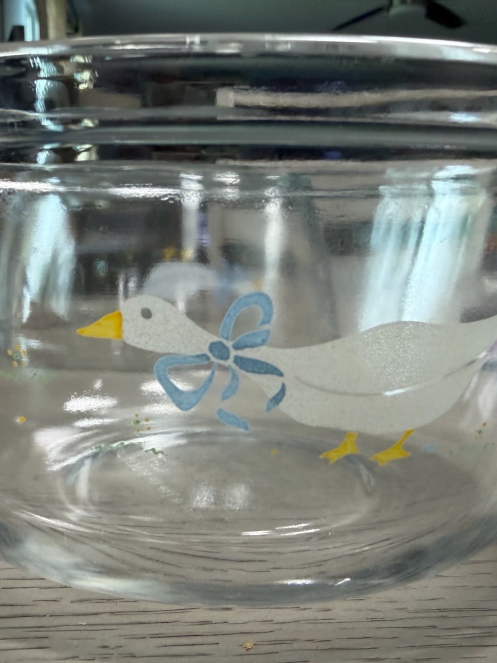 Anchor Hocking Clear Glass 2.5 Quart Bowl with White Goose and Blue Bow